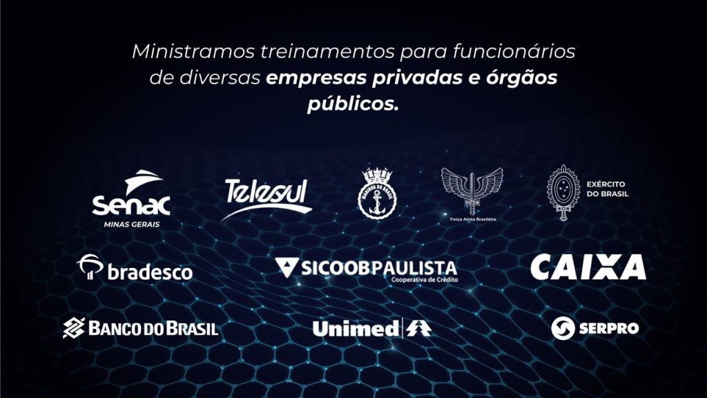 Clientes e parceiros: Senac Minas Gerais; Telesul; Marinha do Brasil; Força aérea brasileira; Exército do Brasil; Bradesco; Sicoob; Caixa; Banco do Brasil; Unimed; Serpro